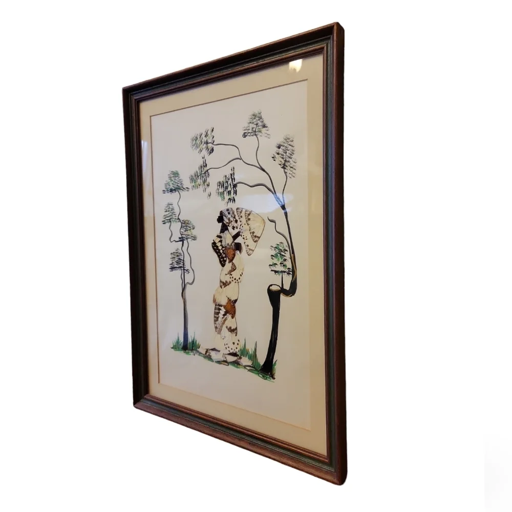 Vintage Butterfly Wing Indigenous African Tribal Framed Hanging Art 12.5
